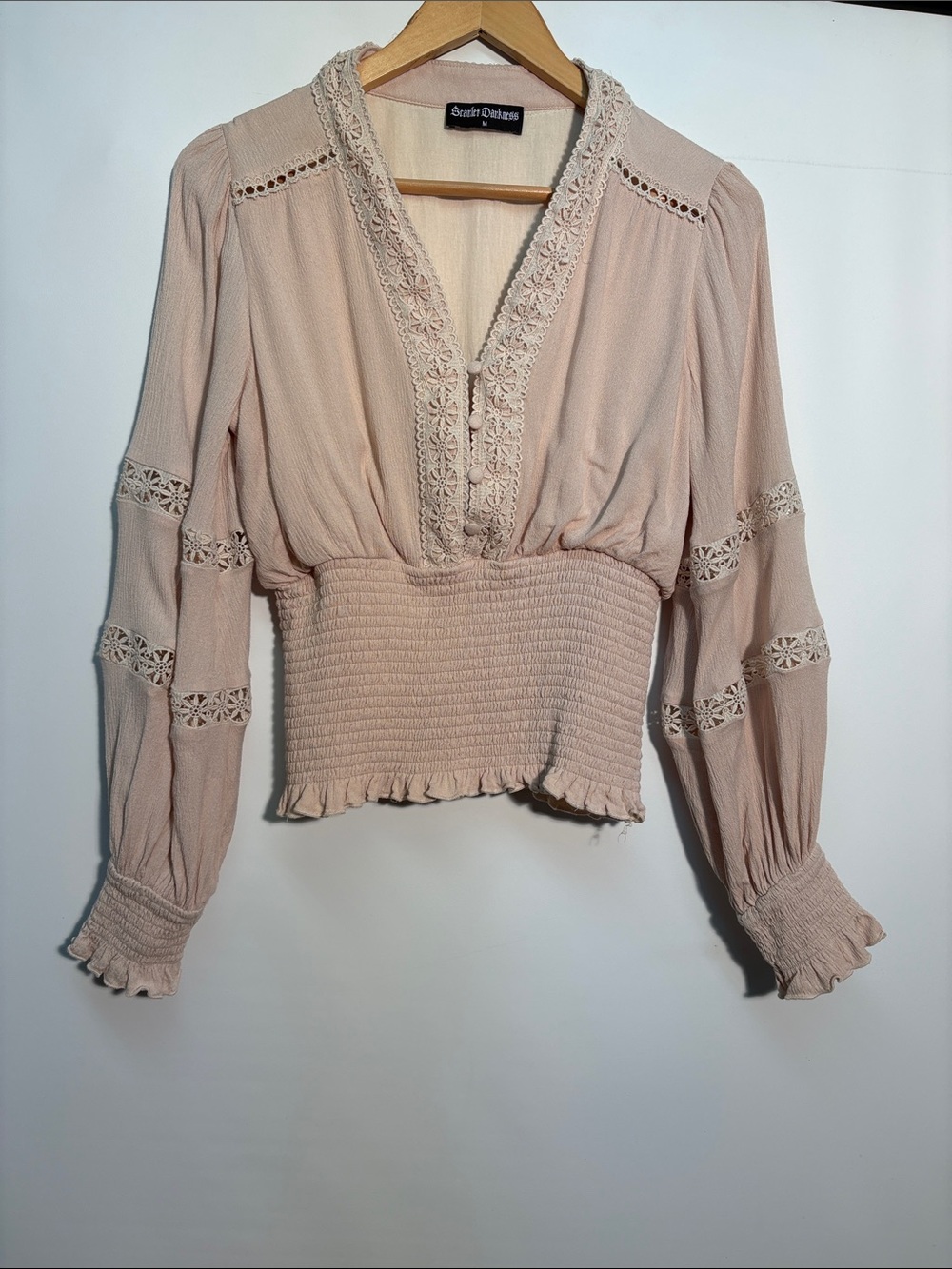 Scarlet Darkness Smocked Waist Blouse with Crochet Trim in Soft Blush